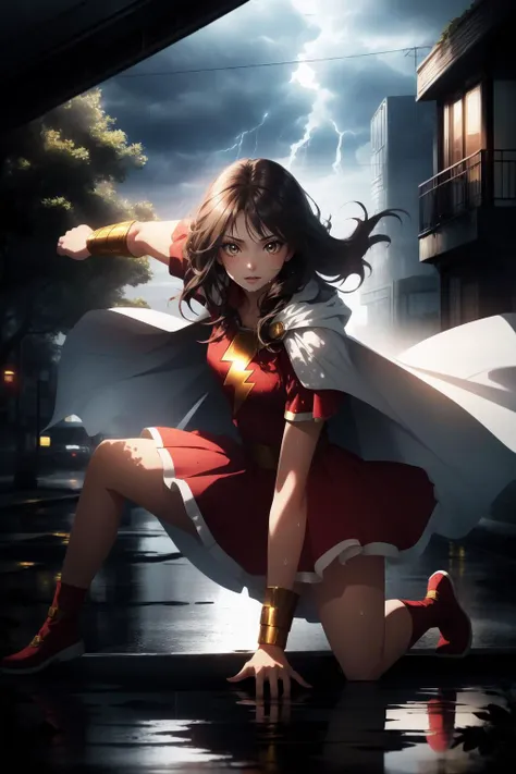 (masterpiece, best quality),  intricate details,
1girl,    <lora:marymarvel-nvwls-v1:0.8> mary marvel, white cape, red dress, red skirt, short sleeves, bracer, white cape, red dress, red skirt, long sleeves, bracer
outdoors, night, hero landing, rain, wet ,water, city, street, reflections, shadows, dramatic lighting,  lightning, storm,