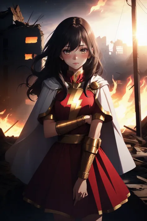 (masterpiece, best quality),  intricate details,
1girl,    <lora:marymarvel-nvwls-v1:0.8> mary marvel, white cape, red dress, red skirt, short sleeves, bracer, white cape, red dress, red skirt, long sleeves, bracer
sweating, blushing, hot, 
night, fire, debris, destroyed building, rubble, dirt on face, dark lighting, shadows,