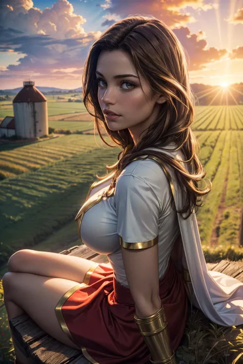 (ultra realistic,32k, masterpiece:1.2),(high detailed skin:1.1),( 8k uhd, dslr, high quality:1.1),
<lora:marymarvel-nvwls-v1:0.8>mary marvel, brown hair, long hair, white cape, red dress, red skirt, short sleeves, bracer , <lora:add_detail:0.86>, (huge breast:0.9),
(looking at viewer, sitting, from above:1.1),,
,(backlight:1.1),farm, barns and silos, working fields, rural
