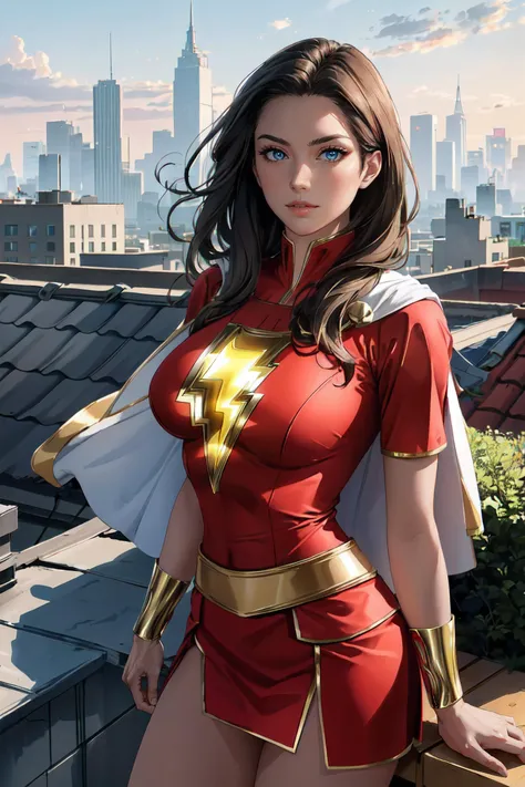(masterpiece, best quality, ultra detailed, absurdres)1.5, 1girl, (sexy, beautiful woman, perfect face, perfect eyes, perfect female body, large breasts)1.5, (mary marvel, white cape, red dress, red skirt, short sleeves, bracer, <lora:marymarvel-nvwls-v1:0.8>), (standing, outdoors, rooftop, modern city in background), perfect lighting, smooth, hdr
