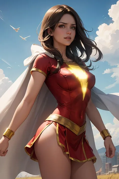 action scene,dynamic pose,masterpiece, best quality, <lora:marymarvel-nvwls-v1:0.8> mary marvel, white cape, red dress, red skirt, short sleeves, bracer, large breasts, flex, looking at viewer, furrowed brow, grin, blue sky, clouds