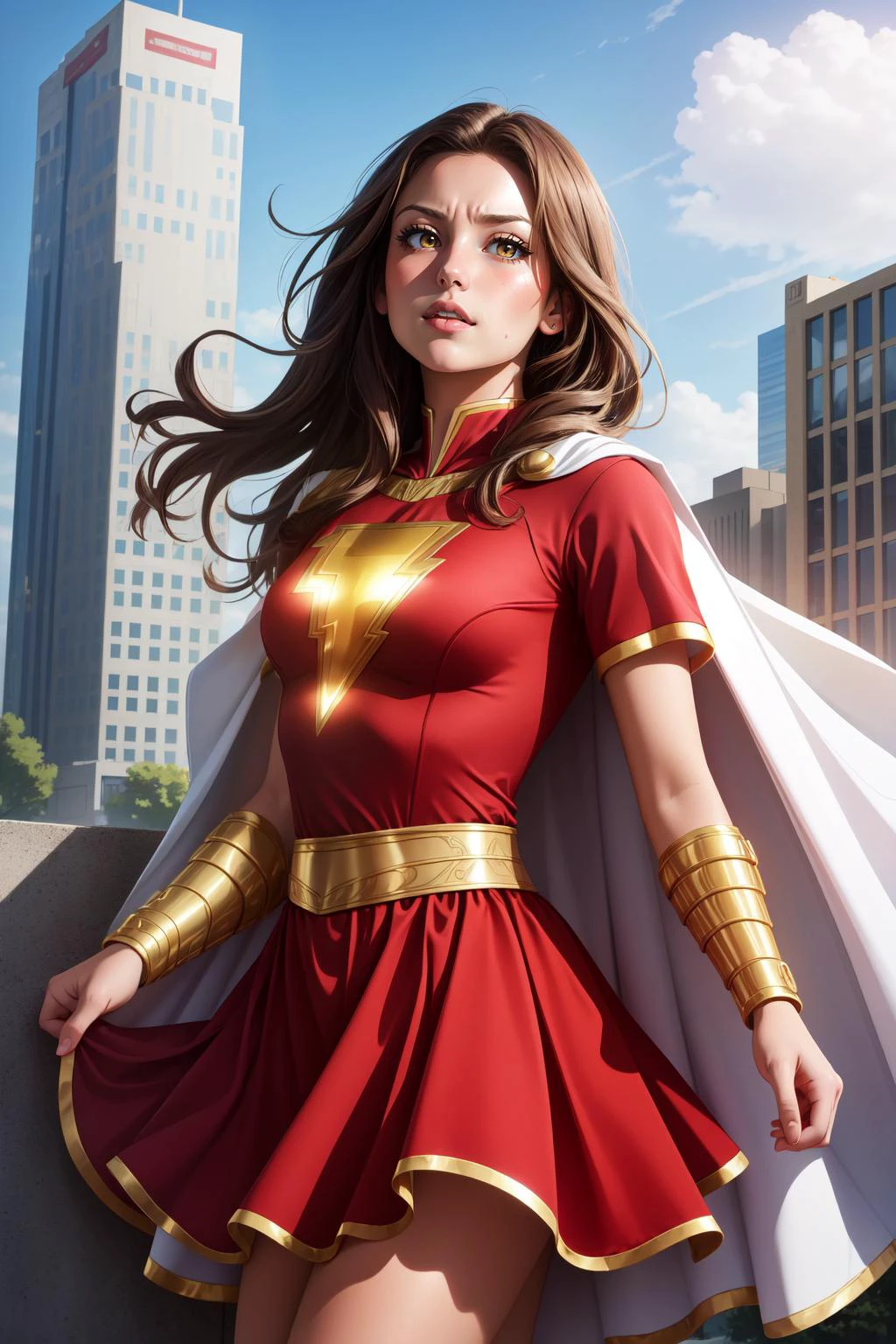 (masterpiece, best quality), intricate details,
1girl, <lora:marymarvel-nvwls-v1:0.8> mary marvel, white cape, red dress, red skirt, short sleeves, bracer, white cape, red dress, red skirt, long sleeves, bracer
sweating, blushing, hot,
outdoors, city, skyscrapper,