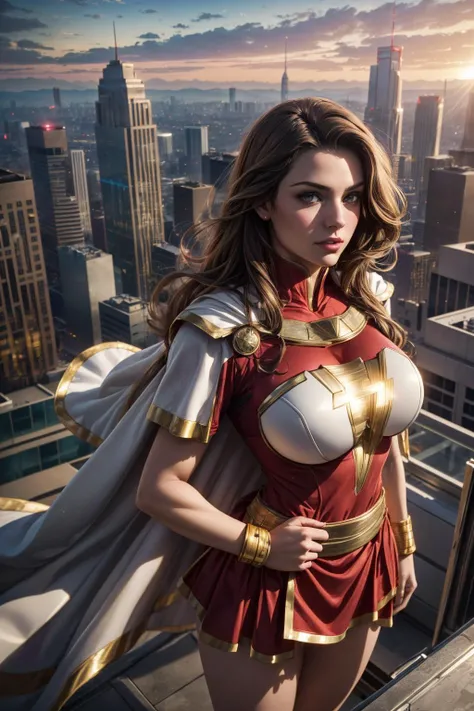 (ultra realistic,32k, masterpiece:1.2),(high detailed skin:1.1),( 8k uhd, dslr, high quality:1.1),muscular jacked Laura Marano, Laura Marano as mary marvel, brown hair, long hair, white cape, red dress, red skirt, short sleeves, bracer ,muscular body,bulging biceps, (huge breast:0.9), (looking at viewer, standing, from below:1.1),,,(dense light rays:1.1),blank background
