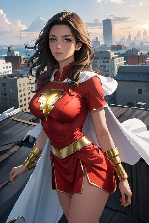 (masterpiece, best quality, ultra detailed, absurdres)1.5, 1girl, (sexy, beautiful woman, perfect face, perfect eyes, perfect female body, large breasts)1.5, (mary marvel, white cape, red dress, red skirt, short sleeves, bracer, <lora:marymarvel-nvwls-v1:0.8>), (standing, outdoors, rooftop, modern city in background), perfect lighting, smooth, hdr