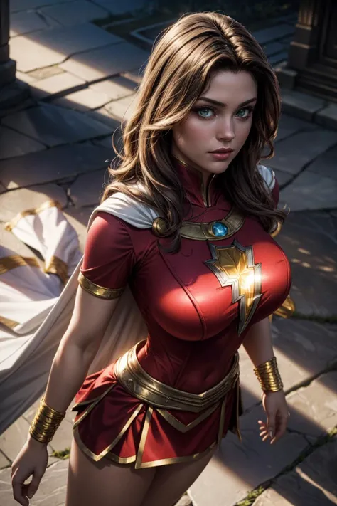 (ultra realistic,32k, masterpiece:1.2),(high detailed skin:1.1),( 8k uhd, dslr, high quality:1.1),
<lora:marymarvel-nvwls-v1:0.8>mary marvel, brown hair, long hair, white cape, red dress, red skirt, short sleeves, bracer , <lora:add_detail:0.93>, (huge breast:0.9),
(looking at viewer, sitting, from above:1.1),,
,(bioluminiscent:1.1),blank background