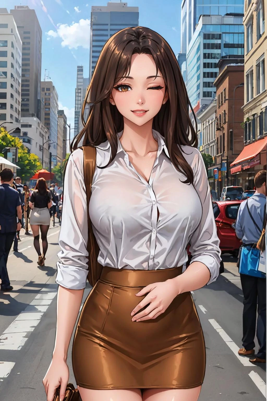 masterpiece, best quality, <lora:marymarvel-nvwls-v1-000010:0.8> mary marvel, collared white shirt, pencil skirt, looking at viewer, smile, large breasts, city street, winking, one eye closed, one eye open