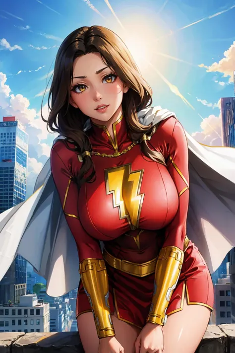 masterpiece, best quality, <lora:marymarvel-nvwls-v1-000010:0.9> mary marvel, white cape, red dress, red skirt, long sleeves, bracer, large breasts, skintight, wide hips, leaning forward, wink, looking at viewer, cityscape, sky, clouds, from below, pov, upper body