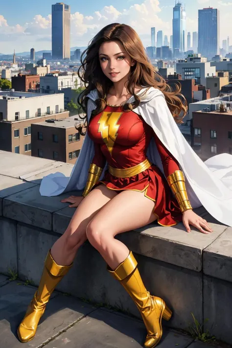 masterpiece, best quality,  <lora:marymarvel-nvwls-v1-000010:0.9> mary marvel, white cape, red dress, red skirt, long sleeves, bracer, large breasts, smile, looking at viewer, cityscape, rooftop, smile, yellow boots, sitting