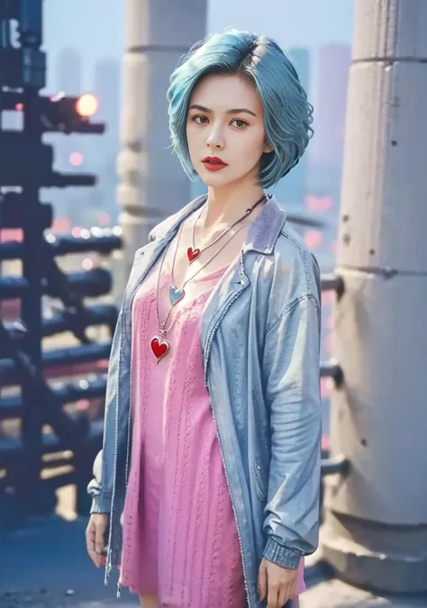 A girl is standing in the street,nacht, skyscraper, wide shot, looking at viewer, cyberpunk, (heart pendant0.6), Light blue hair, <lora:guanzhilin:1>,absolum art, ground shatter,