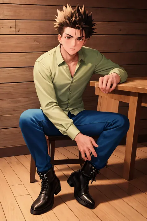 masterpiece, best quality, 1boy, solo, <lora:Guide:0.8> guide, beige green shirt, blue pants, black boots, sitting, spiked hair, full body, brown eyes, male focus, 1990s \(style\), wooden wall, wooden floor, wooden chair, wooden table