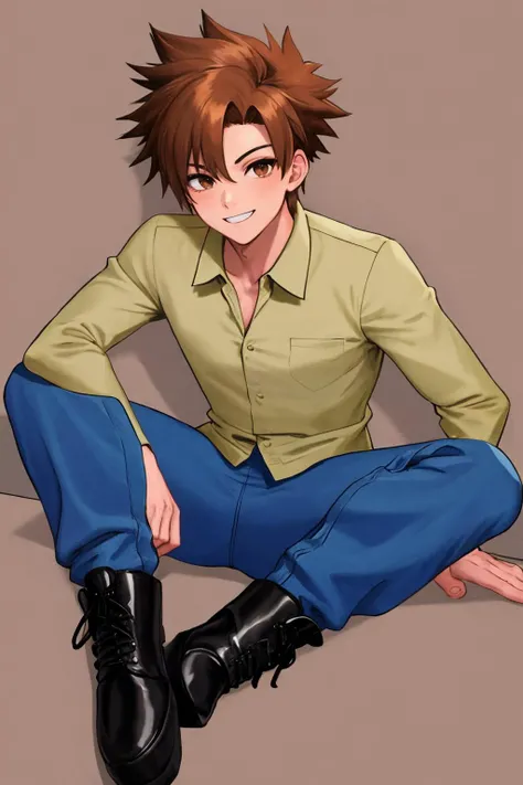 masterpiece, best quality, 1boy, solo, smile, wink <lora:Guide:0.8> guide, beige green shirt, blue pants, black boots, sitting, spiked hair, close-up, brown eyes, male focus, 1990s \(style\)