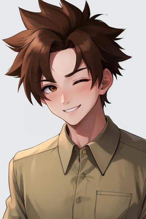 masterpiece, best quality, 1boy, solo, smile, wink <lora:Guide:0.8> guide, beige green shirt, wink, one eye closed, one eye open, spiked hair, close-up, brown eyes, male focus, 1990s \(style\)