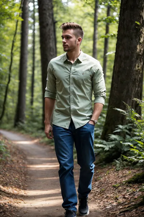 masterpiece, best quality, <lora:Guide:0.9> guide, green shirt, blue pants, black footwear, standing, upper body, film grain, realistic, photorealistic, cinematic lighting, forest, bokeh, looking at viewer
