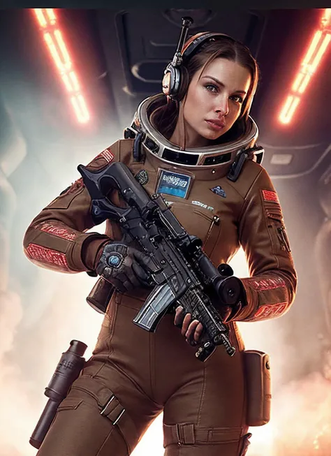 close up photo of sks woman, rugged space trucker, inside industrial spaceship, futuristic science fiction, action scene, digital concept art, realistic, intricate detailed textures, filmic, cinematic, environmental character portrait, <lora:locon_aleksandrasawicka_v1_from_v1_64_32:1.25>