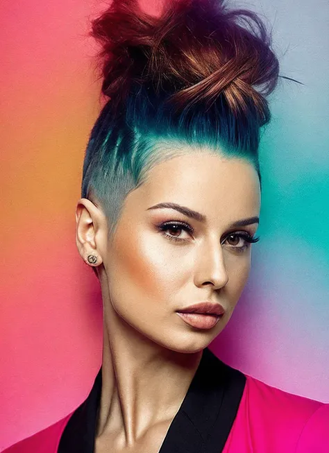 portrait of sks woman by Flora Borsi, style by Flora Borsi, bold, bright colours, rainbow Mohawk haircut, ((Flora Borsi)), <lora:locon_aleksandrasawicka_v1_from_v1_64_32:1.25>