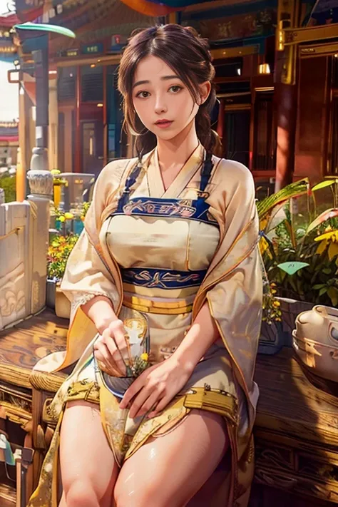 <(realistic:1.3), intricate details>, 1girl,legs,a girl at building,(((building))), braided bangs,braided ponytail,(solo:1.2),apron,thick thighs,side-tie panties, balck hair, ,<lora:gugong:1>,looking at viewer, sunlight,hanfu, <lora:hanfu_v20:0.8>