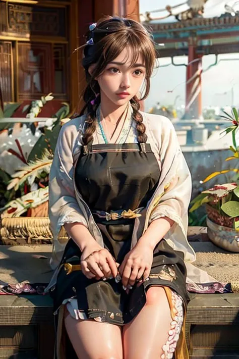 <(realistic:1.3), intricate details>, 1girl,legs,a girl at building,(((building))), braided bangs,braided ponytail,(solo:1.2),apron,thick thighs,side-tie panties, balck hair, 16yo,<lora:gugong:1>,looking at viewer, sunlight,hanfu, <lora:hanfu_v28:0.8>
