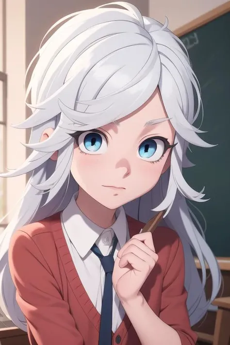 masterpiece, best quality, high quality, 1boy, solo, male focus, looking at viewer, upper body, <lora:akira_kemono_jihen:0.58>, akira_kemono_jihen, long hair, blue eyes, white hair, , school uniform