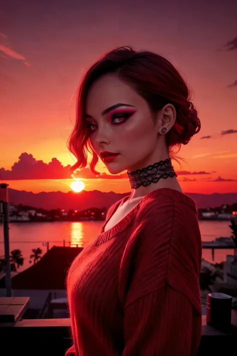 1girl, slim, skinny, redhead, rouge, red neck lace choker, cateyes makeup, colorful, oversize knit jumper, softcore, warm lighting, cosy atmosphere, Instagram style, red theme, upper body shot, (cinematic, black and red:0.85), (sunset beautiful background:1.3), sharp, dim colors,