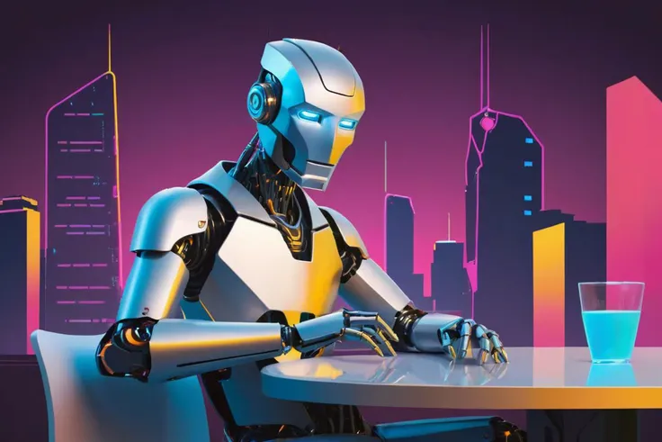Wide-angle flat cartoon, Robot, man, sitting at a table, Futuristic clothing, Central composition, Sleek metal robot, High-tech features, Man in stylish attire, Holographic patterns, Sitting at table, Minimalist background, Futuristic cityscape, Neon lights, Bright colors, Simple lines.
<lora:Flat style:0.8> Flat style