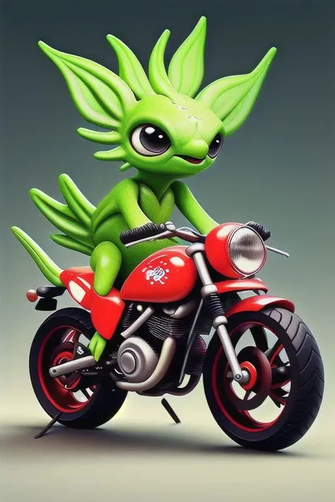 Create an image of an adorable whimsical motorbike-like creature with the texture and color of a ripe strawberry. The creature's body is co vered in a vibrant strawberry peel, with characteristic dimples and a slightly bumpy surface.