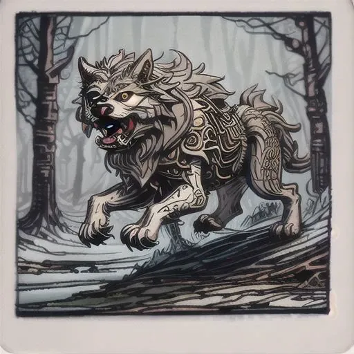 dire wolf chasing a victim, tarot style, intricate card, (royal | whimsical) , unsettling, brown and gray colour scheme