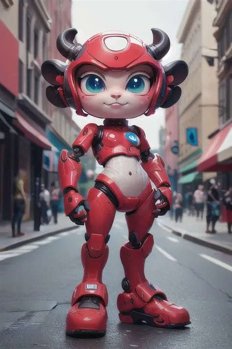 a lover,little cow with a red face,he is a  robot, with a big head, very beautiful, and he is a aintellectual property,friendly to  human,cartoon style,in the street, simple style,blender, 3d render