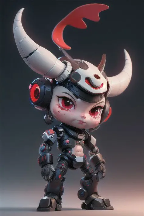 a lover,little cow with a red face and a ox horn,he is a robot, with a big head,and he is a aintellectual property,friendly to human,cartoon style,in the street, simple style,blender, 3d render