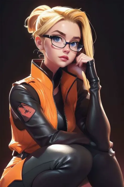 close-up,
[sunafukitabito:sam yang:0.4],
masterpiece, best quality,
quistis, glasses, orange jacket, detached sleeves, orange skirt, belt, leggings, boots
indoors, upper body, looking at viewer, indoors, dark room, black background, arms at sides, close-up, 3DMM