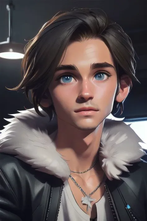 close-up,
[sunafukitabito:sam yang:0.4],
masterpiece, best quality,
squall, scar, necklace, black jacket, fur trim, white t-shirt, black pants, black gloves,
indoors, upper body, looking at viewer, indoors, dark room, black background, arms at sides, close-up, 3DMM