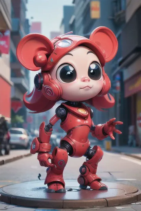 a lover,little cow with a red face,he is a  robot, with a big head, very beautiful, and he is a aintellectual property,friendly to  human,cartoon style,in the street, simple style,blender, 3d render
