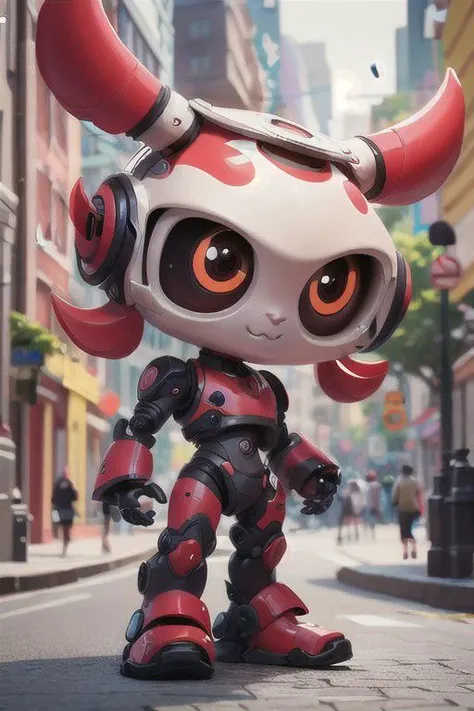 a lover,little cow with a red face and a ox horn,he is a robot, with a big head, and he is a aintellectual property,friendly to human,cartoon style,in the street, simple style,blender, 3d render