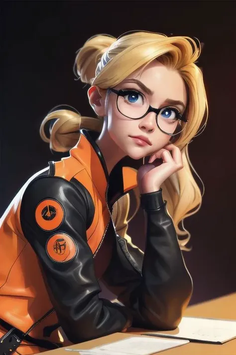 close-up,
[sunafukitabito:sam yang:0.4],
masterpiece, best quality,
quistis, glasses, orange jacket, detached sleeves, orange skirt, belt, leggings, boots
indoors, upper body, looking at viewer, indoors, dark room, black background, arms at sides, close-up