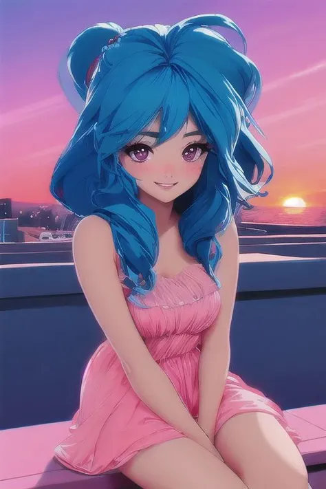 beautiful lady, (freckles:0.1) fine heavy grain, big smile, dark makeup, hyperdetailed photography, soft light, head and shoulders portrait, cover, 80's anime big eyes, blue hair , sitting on the rooftop, pink sunset  , 80's hair anime style