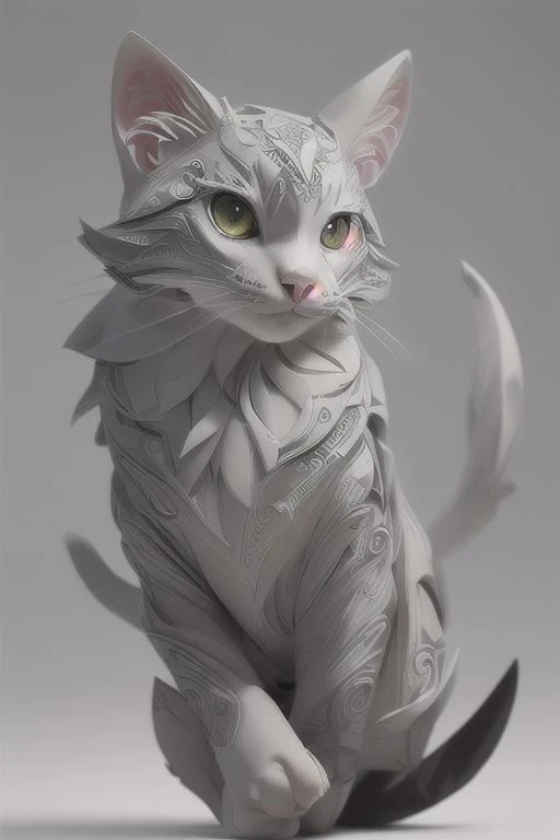 A stunning and intricate paper origami creation of a cat. The cat is depicted in a graceful, elegant pose, with its fur meticulously folded into delicate folds. The eyes are carefully crafted to give the cat a lifelike expression. The background is minimalistic, allowing the origami cat to take center stage, showcasing the skill and artistry of the creator.