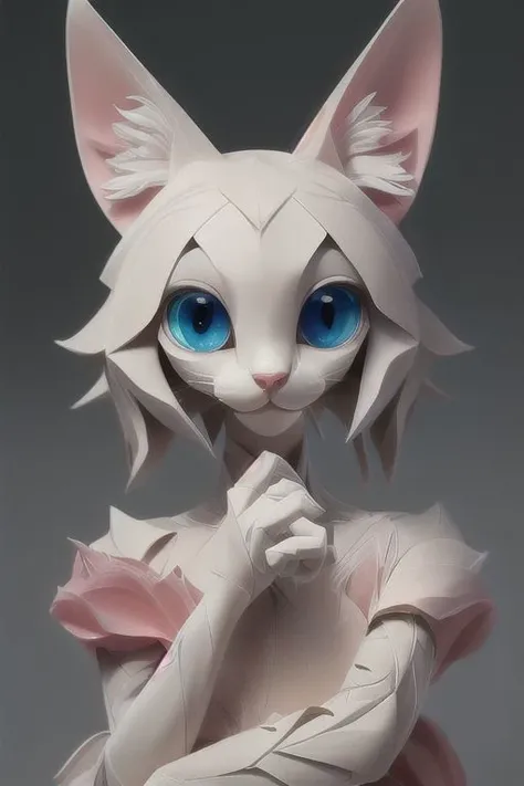 A stunning and intricate paper origami creation of a cat. The cat is depicted in a graceful, elegant pose, with its fur meticulously folded into delicate folds. The eyes are carefully crafted to give the cat a lifelike expression. The background is minimalistic, allowing the origami cat to take center stage, showcasing the skill and artistry of the creator.