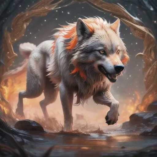 dire wolf chasing a victim, tarot style, intricate card, (royal | whimsical) , unsettling, mostly shades of orange in colour scheme