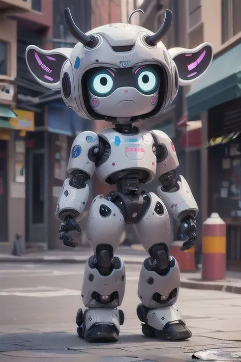 a lover cow,he is a  robot,aintellectual property,cartoon,friendly,in the street, simple style,blender, 3d render
