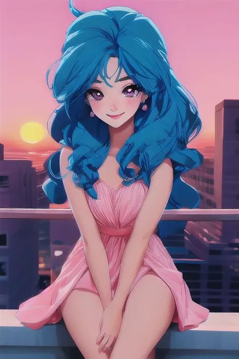 beautiful lady, (freckles:0.1) fine heavy grain, big smile, dark makeup, hyperdetailed photography, soft light, head and shoulders portrait, cover, 80's anime big eyes, blue hair , sitting on the rooftop, pink sunset  , 80's hair anime style