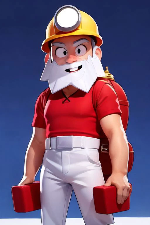 dufkova, petra dufkova, old Man, Mining helmet, red shirt, blue pants, red dynamite in hand, backpack, (masterpiece, best quality, hires, high resolution:1.1), (, intricate details, highres) ,