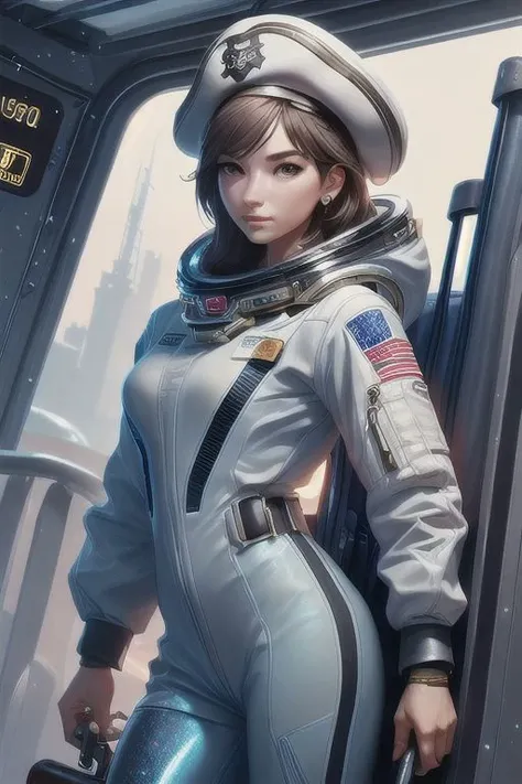 Cosmic Pirate Saga illustration, silhouette mimics Gibson girl elegance, astronaut precision, chaos echoes Hieronymus Bosch, portrait captures French elegance, beret, coat-clad, suitcase in grasp, on dimly-lit romantic railroad station platform, piercing gaze meets viewer, artistry channels Mark Spain, astronaut bathed in spaceship's vibrant light, details mimic lifelike spacesuit, holographic pirate charm interwoven with space-age relics, constellation-embroidered garment, astronaut ready for
