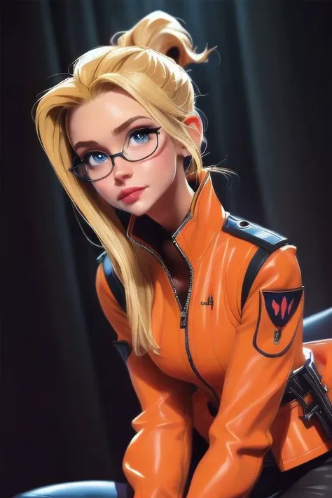 close-up,
[sunafukitabito:sam yang:0.4],
masterpiece, best quality,
quistis, glasses, orange jacket, detached sleeves, orange skirt, belt, leggings, boots
indoors, upper body, looking at viewer, indoors, dark room, black background, arms at sides, close-up, 3DMM