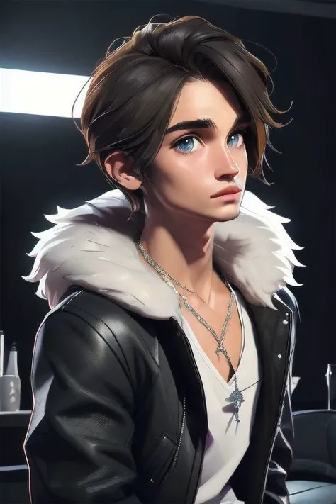 close-up,
[sunafukitabito:sam yang:0.4],
masterpiece, best quality,
squall, scar, necklace, black jacket, fur trim, white t-shirt, black pants, black gloves,
indoors, upper body, looking at viewer, indoors, dark room, black background, arms at sides, close-up, 3DMM