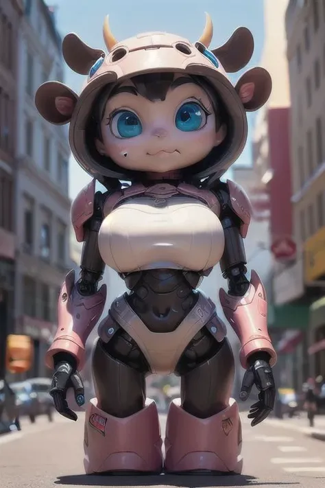 a lover cow,he is a robot, with a big head, very beautiful, he like ride,and he is a aintellectual property,friendly to human,cartoon style,in the street, simple style,blender, 3d render