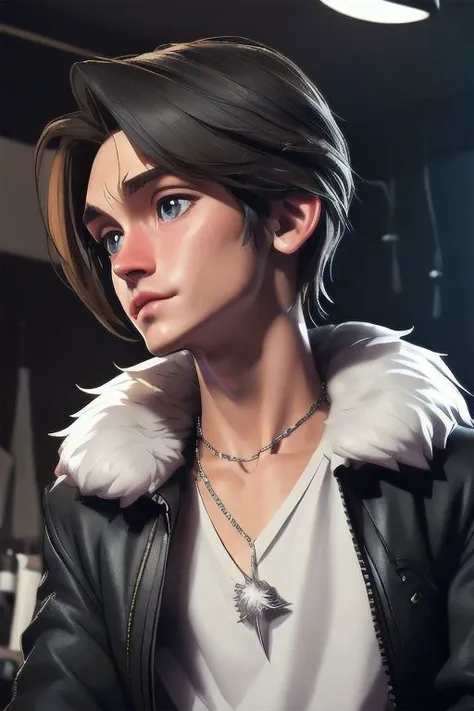 close-up,
[sunafukitabito:sam yang:0.4],
masterpiece, best quality,
squall, scar, necklace, black jacket, fur trim, white t-shirt, black pants, black gloves,
indoors, upper body, looking at viewer, indoors, dark room, black background, arms at sides, close-up, 3DMM