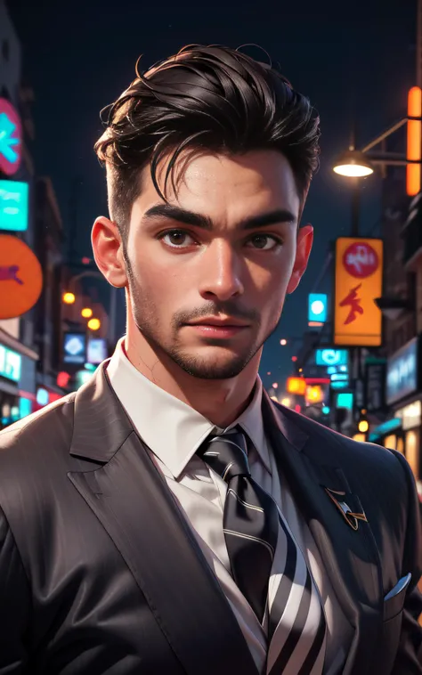 (absurdres, highres, ultra detailed, realistic, ), 1 male, solo, adult, mature, tall muscular guy, broad shoulders, handsome, very short hair, black hair, brown eyes, angular jaw, thick neck, thick eyebrows, night, dark, the night view of the city background, formal suit, necktie, upper body, <lora:add_detail:0.6>
