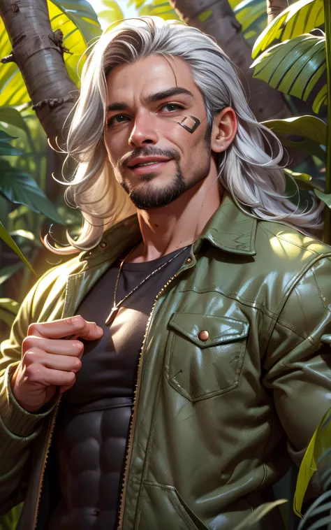 (masterpiece, best quality), 1 male, mature, aged up:1.4, tall muscular guy, broad shoulders, finely detailed eyes and detailed face, best ratio four finger and one thumb, best light and shadow, silver hair, smile, long messy hair, Eyepatch, Beard, Dirty, mercenary, old leather jumper, forest, jungle, vines, <lora:add_detail:0.6>
