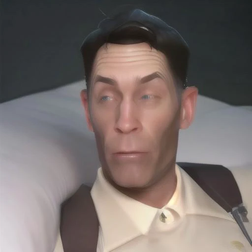 Highly detailed, High Quality, Masterpiece, beautiful, IncrsLimmyWakingUpMeme, <lora:LimmyWakingUpMeme:1>, 1boy, tf2med, medic, bed, white bed, white pillow, waking up, 3d model, 3d, sfm, lying down, dark background, messy hair, mouth slightly open, blue eyes, shirtless