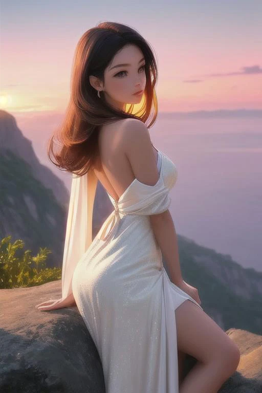 Generate an image of A beautiful girl sits gracefully on the edge of a steep cliff, gazing out at the vast horizon as dawn breaks. Her long hair cascades gently down her back, catching the soft, golden light of the rising sun. She is draped in a flowing dress, the delicate fabric fluttering slightly in the cool morning breeze. The sky is painted in hues of pink, orange, and purple, blending together as night surrenders to the day. Below her, the deep valley is still shrouded in shadow, while above, the first rays of sunlight kiss the world awake. She looks peaceful and contemplative, immersed in the quiet beauty of the moment.