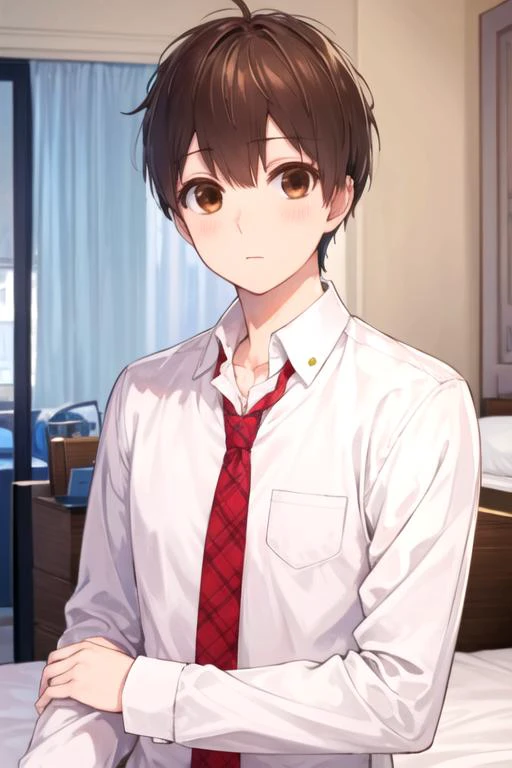masterpiece, best quality, photorealistic, 1boy, solo, male focus, looking at viewer, upper body, , , , <lora:yukari_nejima:0.68>, yukari_nejima, brown hair, brown eyes, , hotel room, 12k resolution